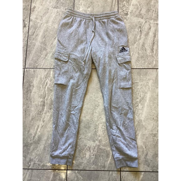 Adidas Pants Mens Medium Gray Cargo Joggers Sweatpants Fleece Logo Pockets Cuffs - Picture 1 of 5